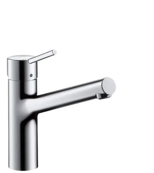 Chromfarbener Wasserhahn mit schmalem Auslauf und einem Hebel zur Temperatur- und Mengeneinstellung. Modernes Design, geeignet für Badezimmer oder Küche.